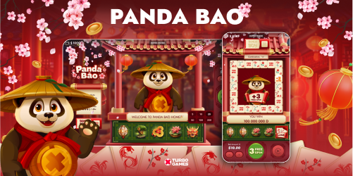 Grafika promocyjna gry „Panda Bǎo” autorstwa Turbo Games, przedstawiająca tytuł dużymi białymi literami na czerwonym tle z motywem kwitnącej wiśni.