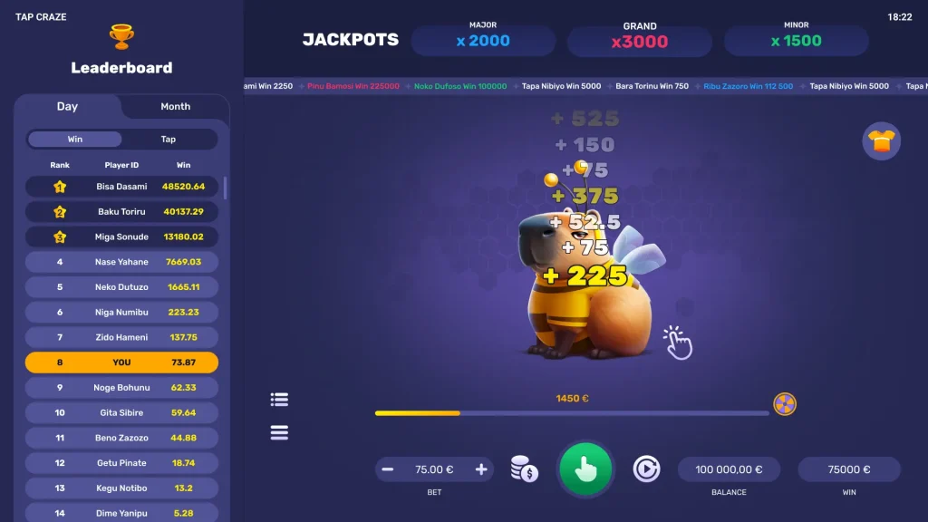 A screenshot of an online "clicker" style game called "TAP CRAZE" featuring a central capybara character dressed in a bee costume.