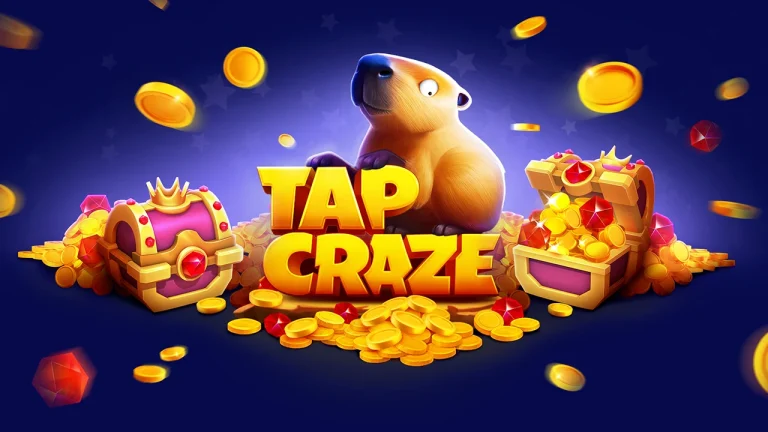 A vibrant promotional banner for the game "TAP CRAZE," with the title displayed in large, 3D golden-yellow letters.