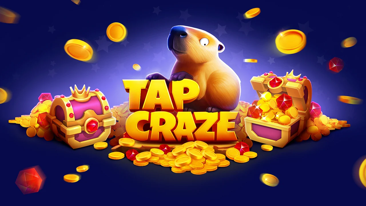 A vibrant promotional banner for the game "TAP CRAZE," with the title displayed in large, 3D golden-yellow letters.