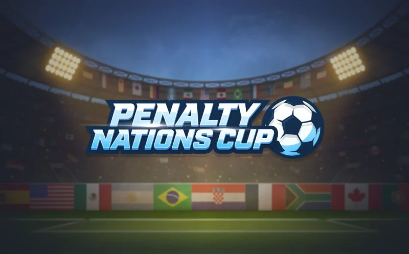 Grafika tytułowa gry sportowej o nazwie „PENALTY NATIONS CUP”, napisana stylizowaną, niebiesko-białą czcionką z ikoną piłki nożnej po prawej stronie.