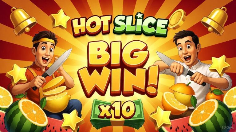Kolorowa grafika promocyjna gry „Hot Slice” z dużym napisem „BIG WIN!” umieszczonym w centrum.